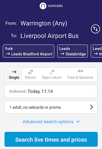 Journey from Warrington to Liverpool airport, shown on the Northern app.