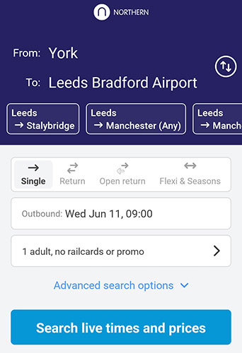 Journey from York to Leeds Bradford Airport, shown on the Northern app.