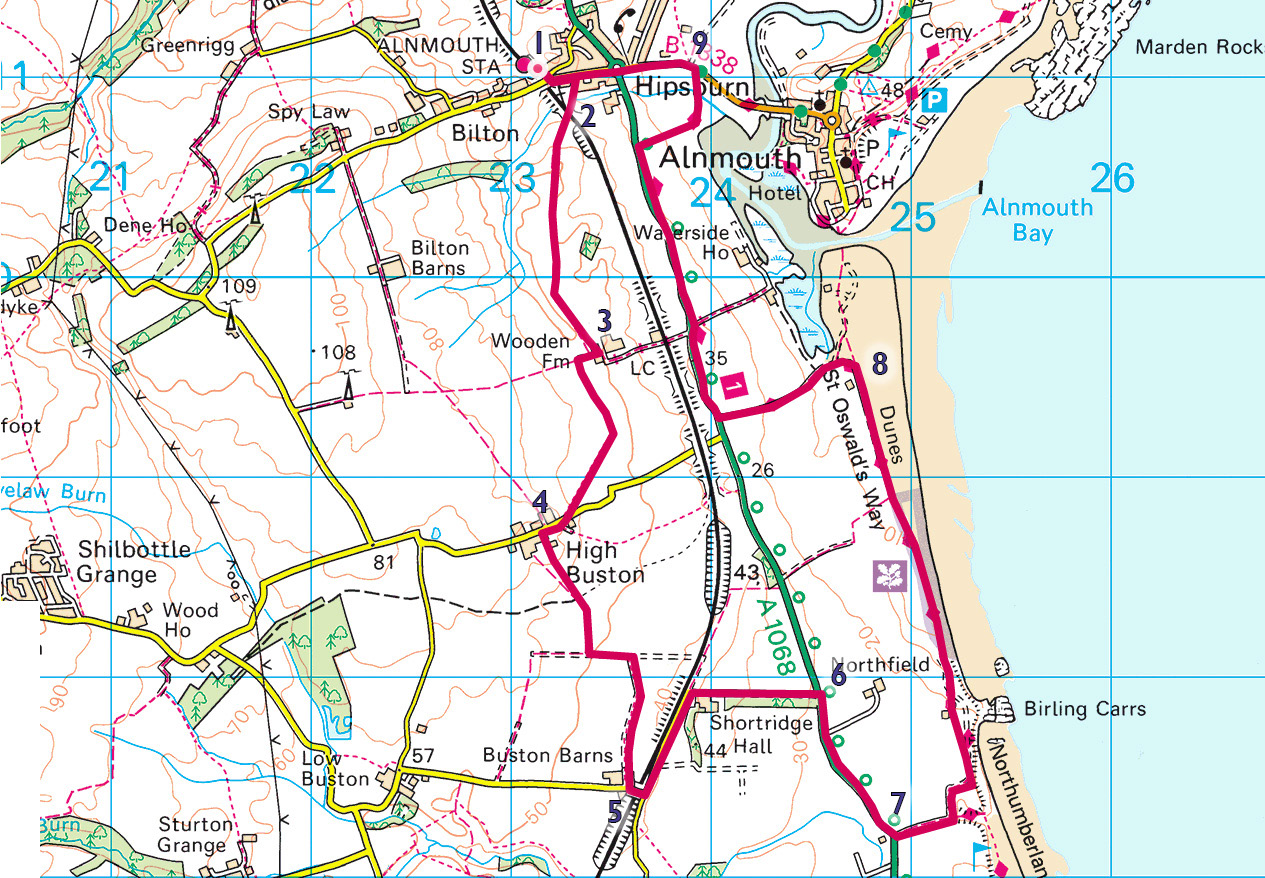 A map of the Alnmouth Circular Coastal Walk in Northumberland, starting and ending at Alnmouth train station.