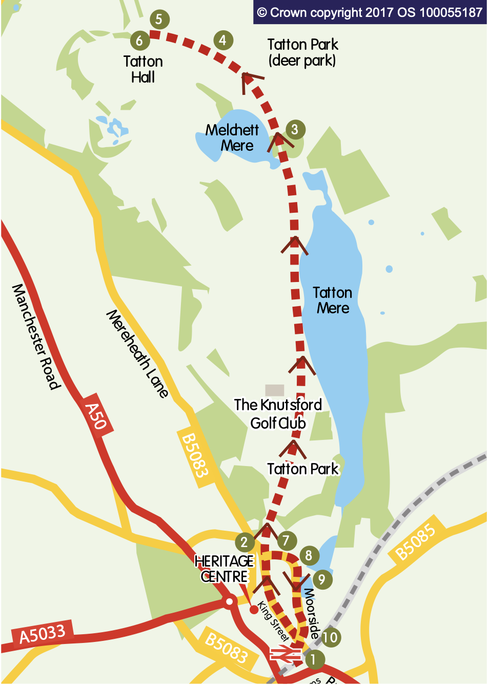 A map of the Knutsford walk in Cheshire, starting and ending at Knutsford train station.