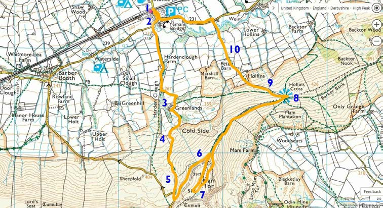 A map of the Mam Tor circular walk in the Peak District, starting and ending at Edale train station.