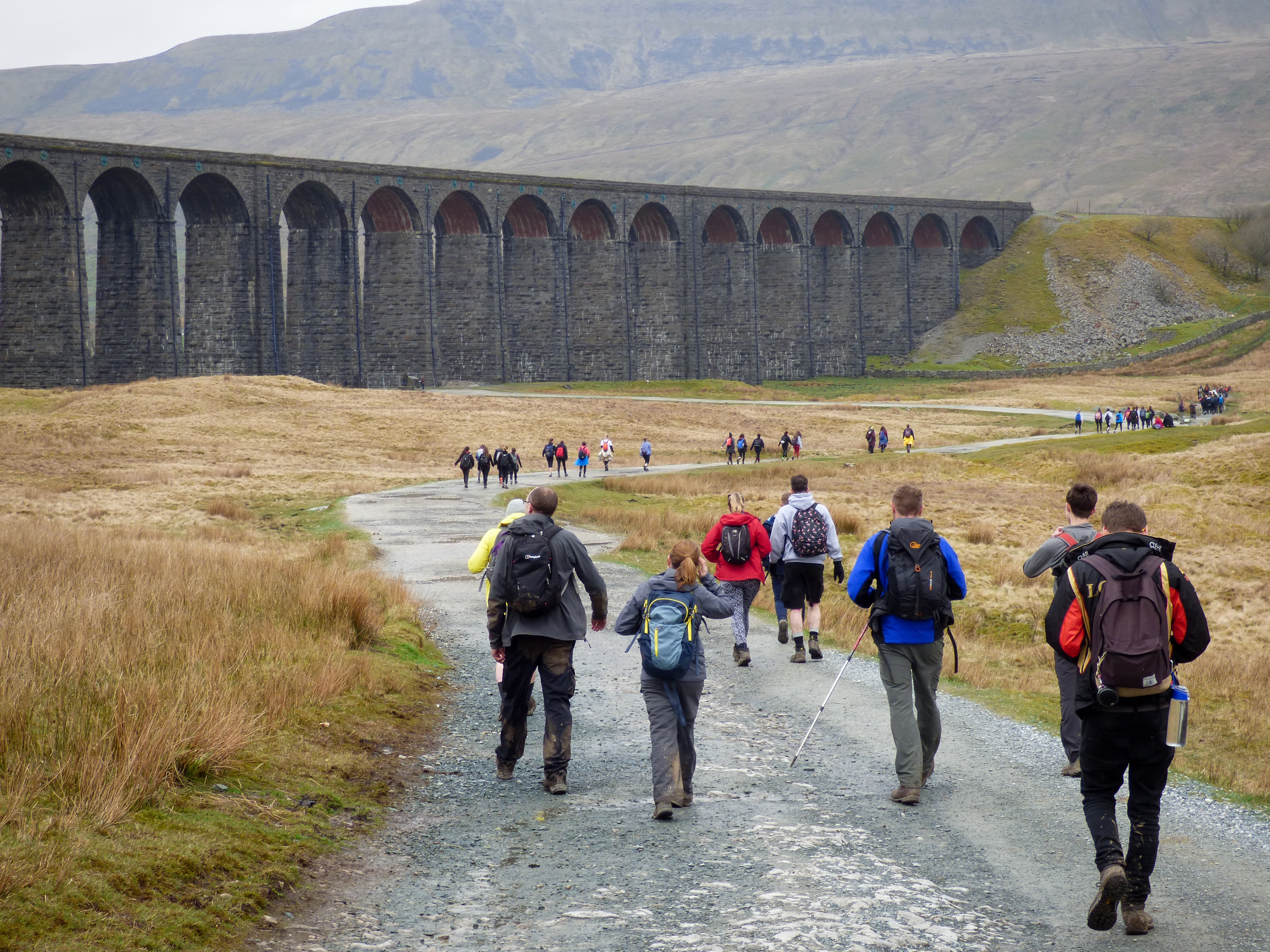 Ribblehead Viaduct in background, walkers in foreground