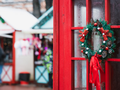 Christmas wreath hanging up at a Christmas market