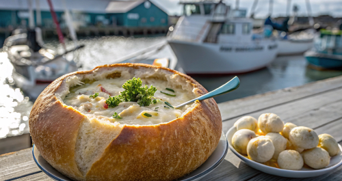 Bowl of chowder in a bread roll 