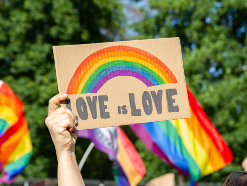 A hand holding a cardboard sign with a rainbow and the words "LOVE IS LOVE" written on it, surrounded by rainbow flags in the background.