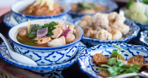 Thai food in blue bowls 