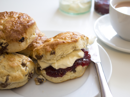 Fruit scones sitting on a plate beside a cup of tea