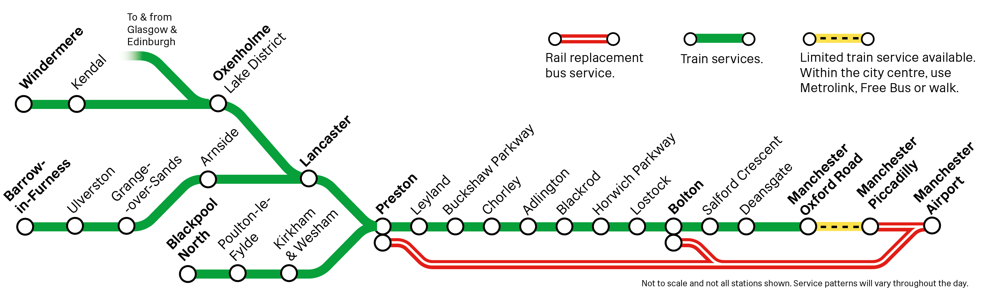 This image show the rail replacement bus and train options for the Barrow-in-Furness/ Windermere/ Blackpool North to Manchester including Manchester Airport route - which are described below. 