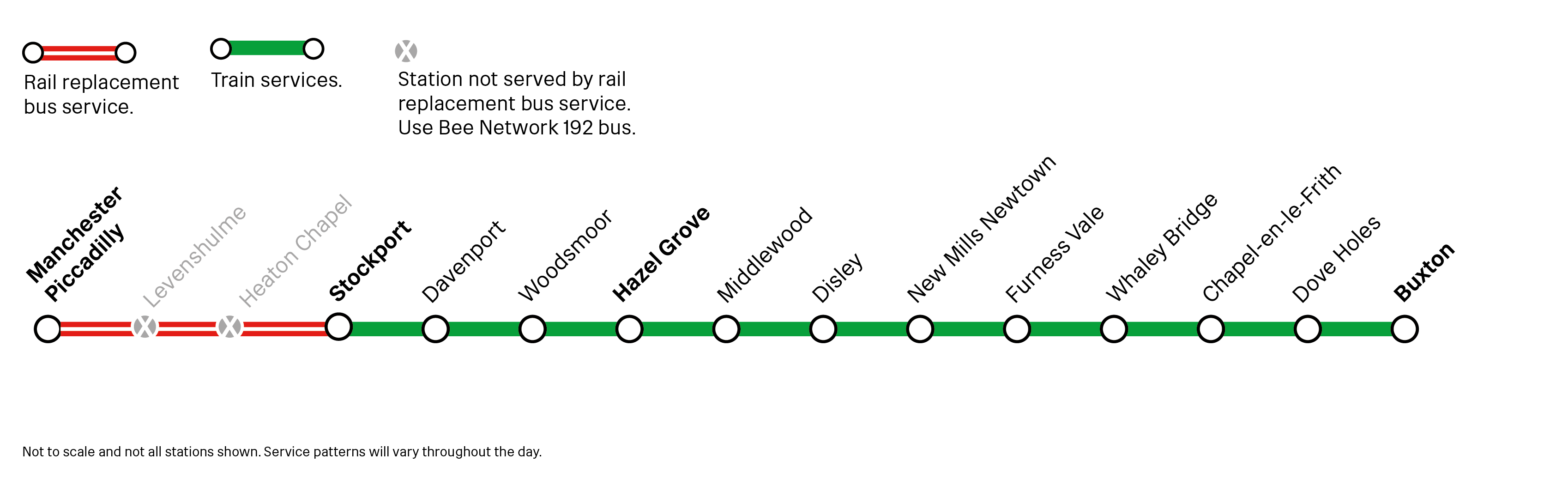 This image show the rail replacement bus and train options for the Manchester to Hazel Grove and Buxton route - which are described below.