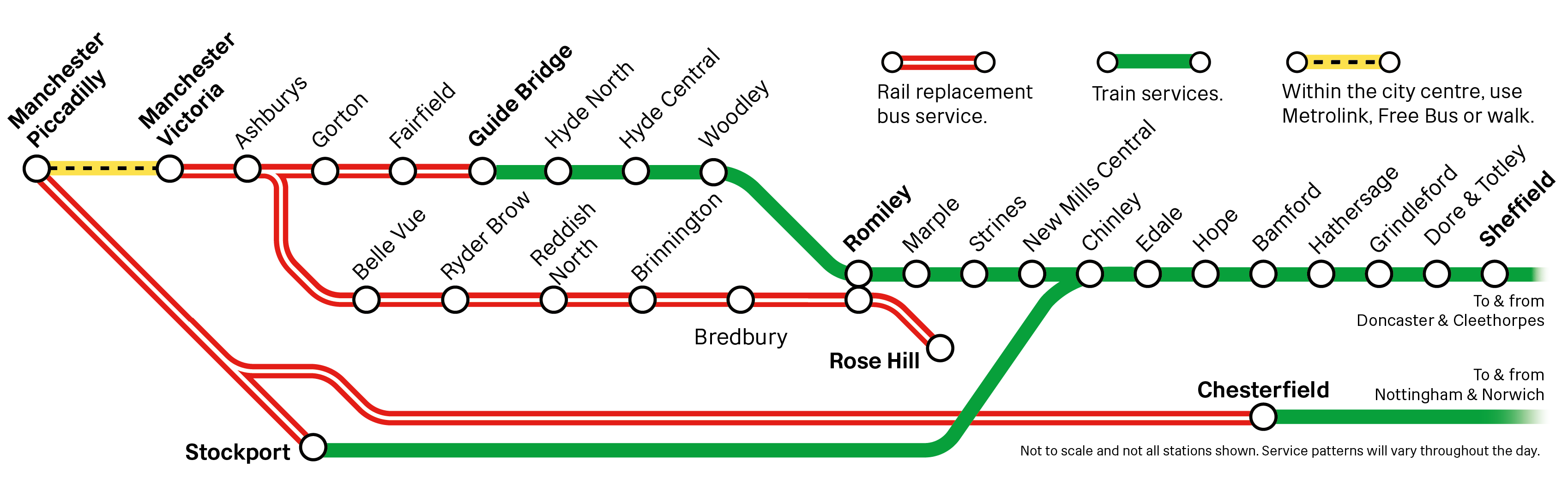 This image show the rail replacement bus and train options for the Manchester to Rose Hill, Marple, New Mills and Sheffield route - which are described below. 