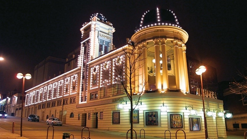 Alhambra Theatre in Bradford lit up at night