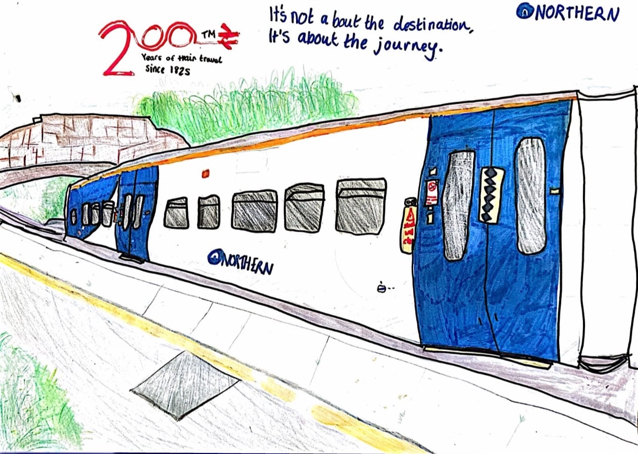 Drawing of a train using colouring pencils and pens. The drawer shows a Northern train on a platform with a bridge in the distance.