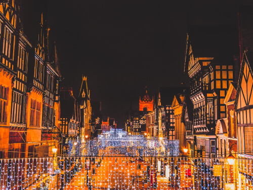Chester decorated with Christmas Lights