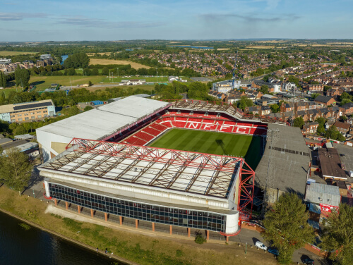 An aerial view of Nottingham Forest's City Ground while the stands are empty.