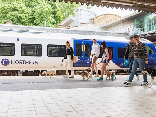 Northern Train at a platform with people walking their dogs.