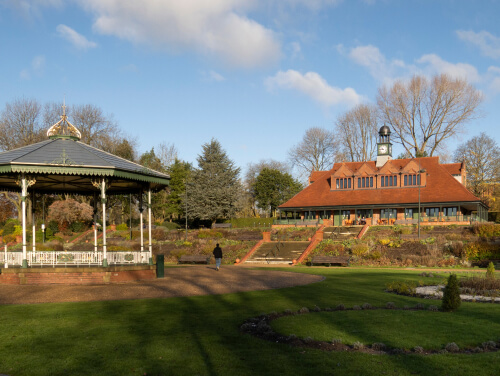 Bandstand and main building at Hanley Park and Garden