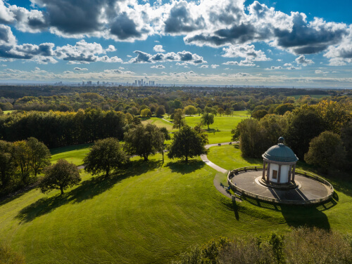 Heaton park from above, the grand stand can be seen.
