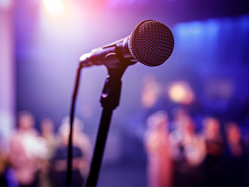 A microphone, held in a mic stand, in front of a blurry crowd.