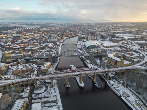 Newcastle city centre from a birds eye view whilst there is snow on the ground