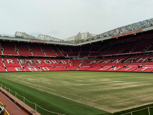 Old Trafford from inside the stadium. The stadium is empty.