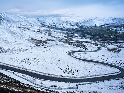 A road winding through the peak district while the ground is completely covered in snow.