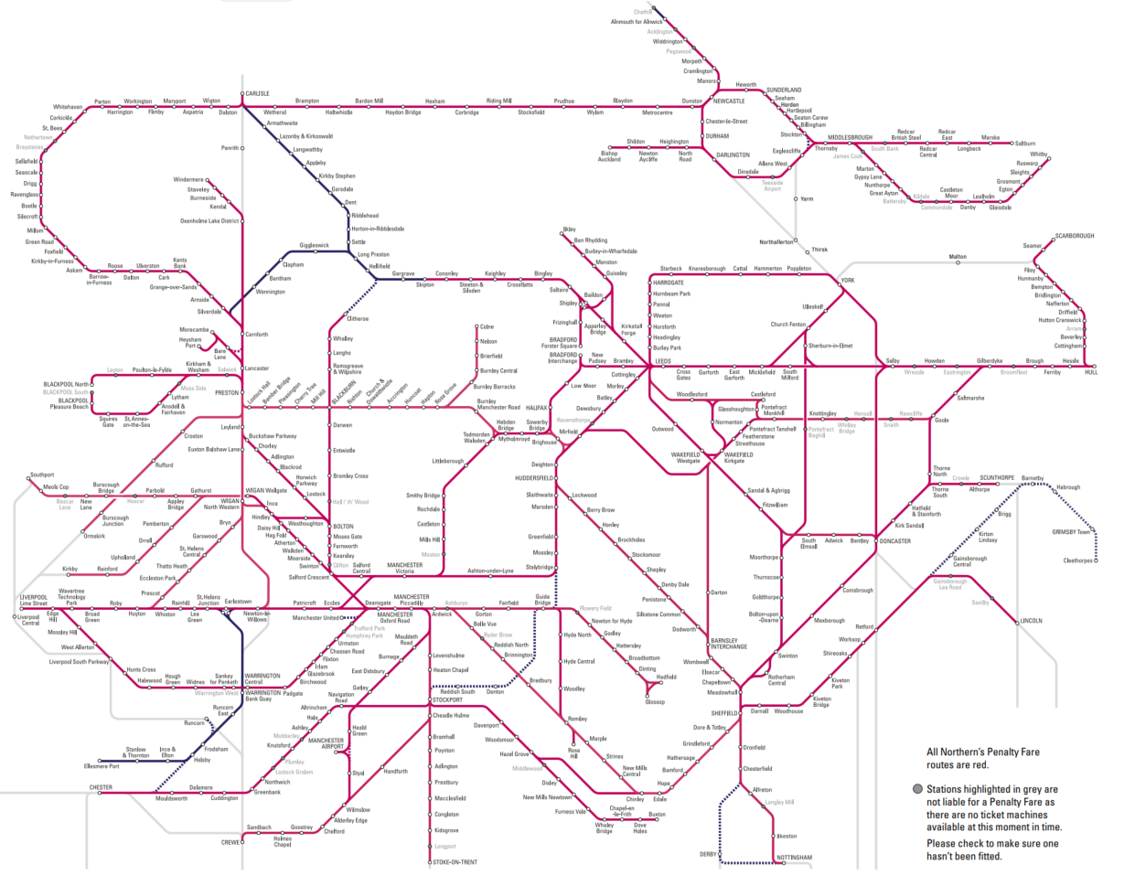 Map of Northern's penalty fare routes