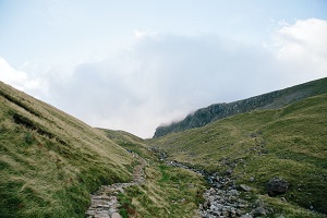 Misty view up to the top of Scafell