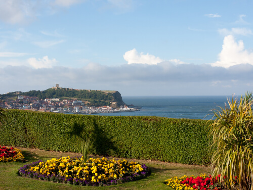 A coastal view with vibrant flowers in the foreground, overlooking the sea and a hilltop castle in the distance.
