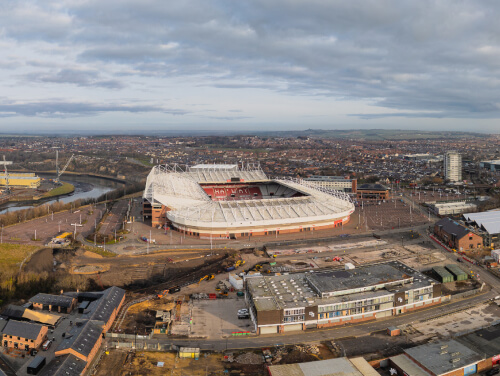 The Stadium of Light on a non match day while the sun is setting.