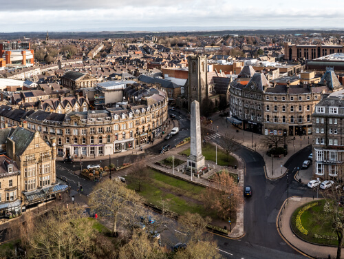 the town centre of Harrogate from above, many of its Victorian buildings are visible