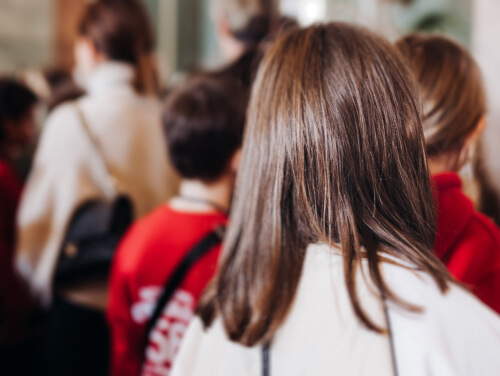 The back of a woman's head in a crowd.