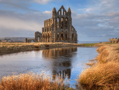 Historic ruins of Whitby Abbey beside a reflective pool, framed by golden autumn grasses beneath a cool, cloudy October sky.