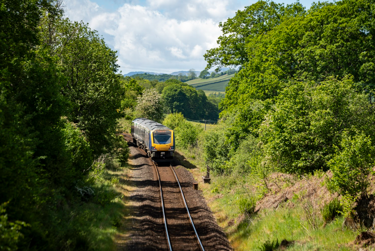 A train goes through the countryside