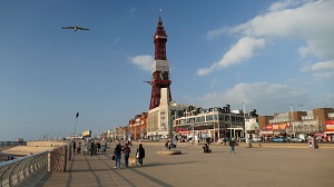 Blackpool pleasure beach with a view of Blackpool Tower