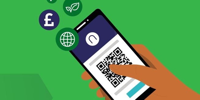 animation of a smartphone purchasing tickets from the Northern Trains app. The smartphone is shown against a green background