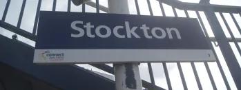This image shows the blue and white Stockton station sign this-image-shows-the-blue-and-white-stockton-station-sign