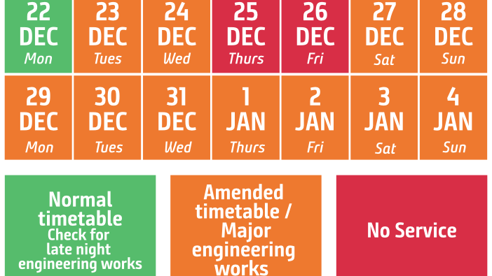 Calendar showing Northern train service levels over Christmas and New Year