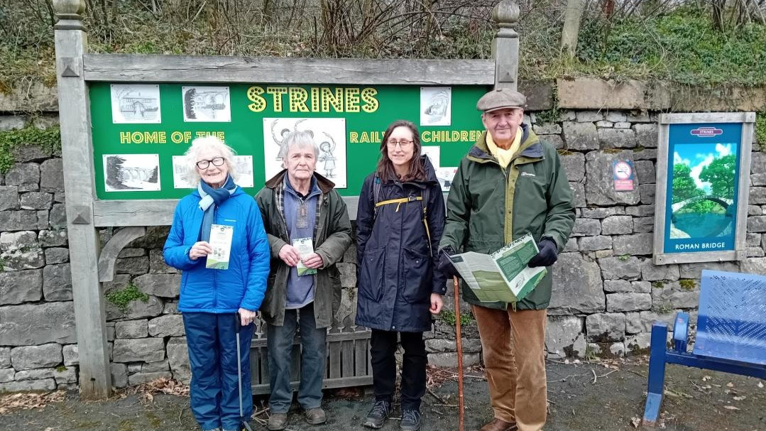 Image shows (left to right) Jean Clayton, Mel Smith, Sarah Morgan and Craig Wright promoting The Railway Children walk