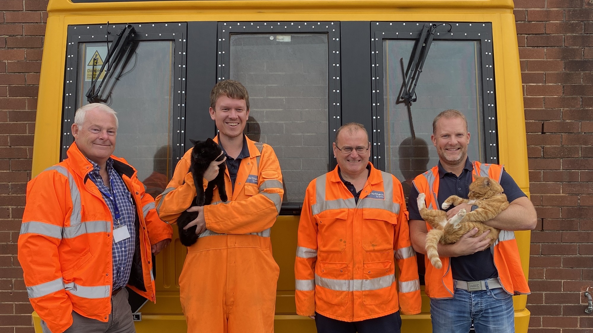 Image shows (left to right) Northern colleagues Simon Crabtree, Matt Lodge with Max the cat, Gary Pennington and Steve Gordon with Ginge the cat