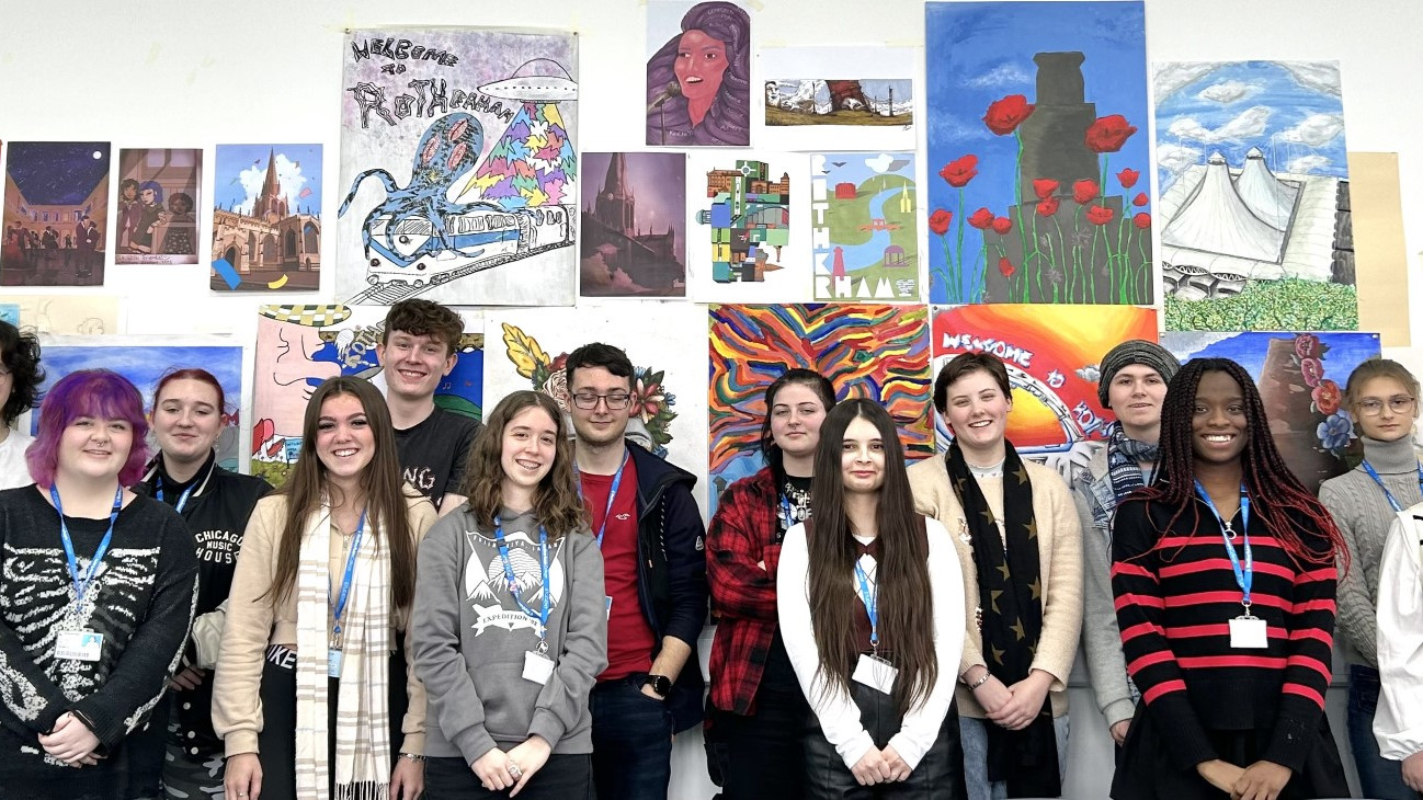 This image shows Rotherham college students with their artwork
