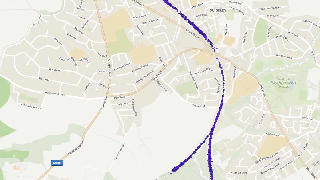 This image shows the GPS tracking of a trains route through Guiseley