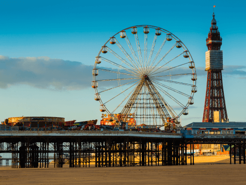 Blackpool pier with the ferris wheel and Blackpool Tower in the background