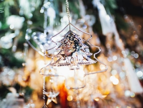 Silver Christmas tree decoration at a Christmas market stall