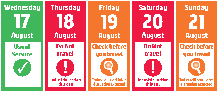 Northern Trains strike calendar. Wednnesday 17 service as normal, Thursday 18 and saturday 20 Do not travel, Friday 19 and Sunday 21 Check before you travel